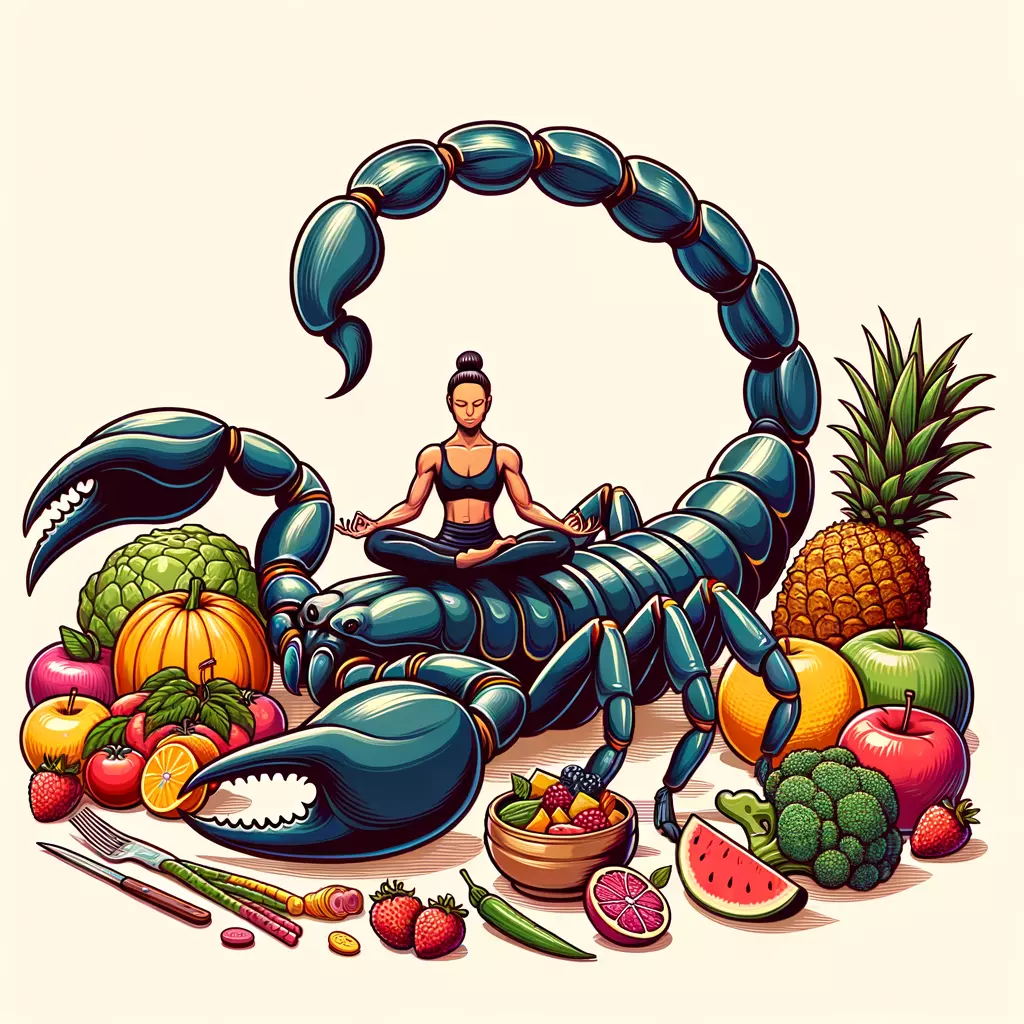 Скорпион, занимающийся йогой и едущий здоровую пищу.